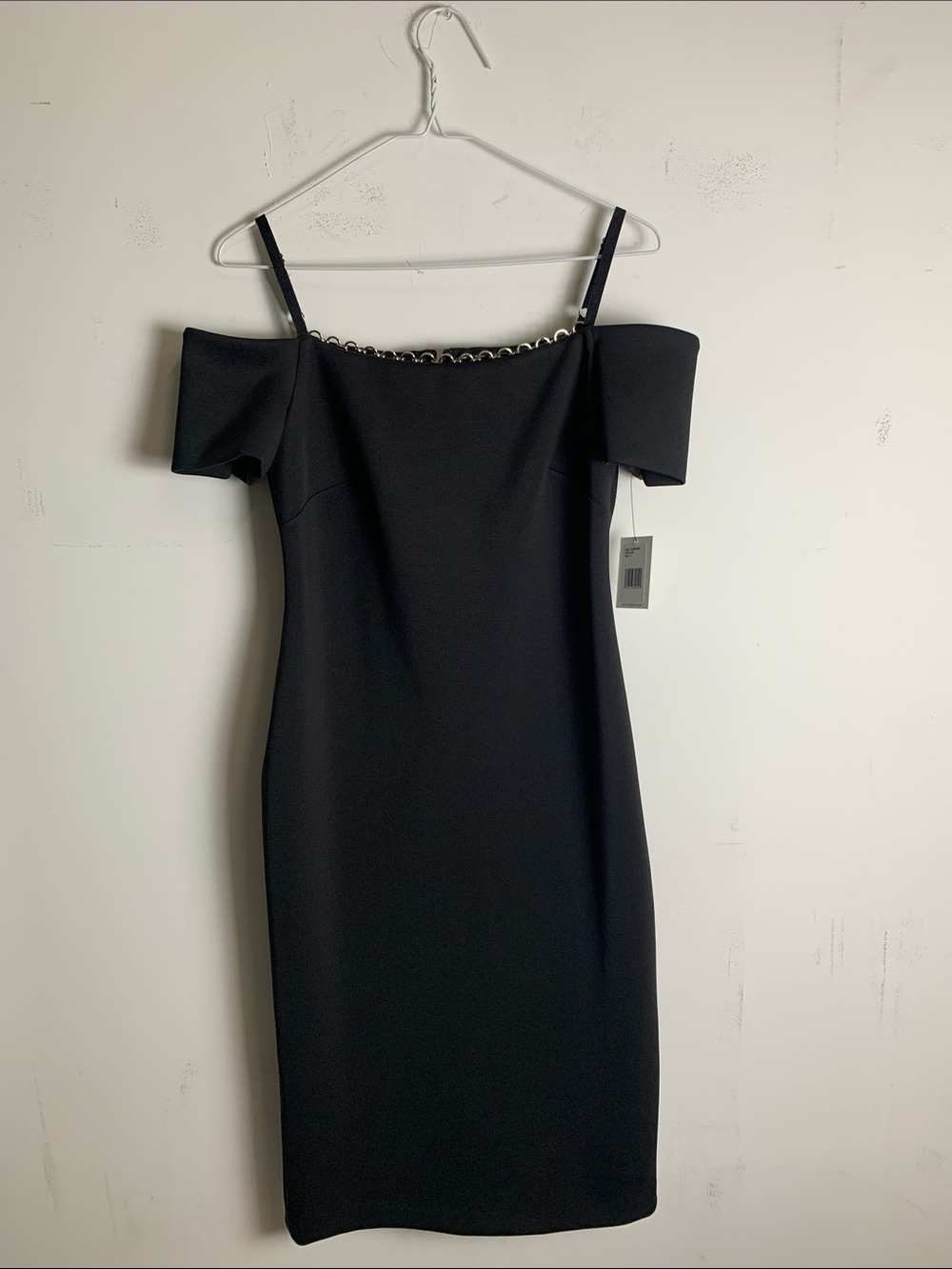 Calvin Klein Off-Shoulder Black Cocktail Dress with Chain Trim